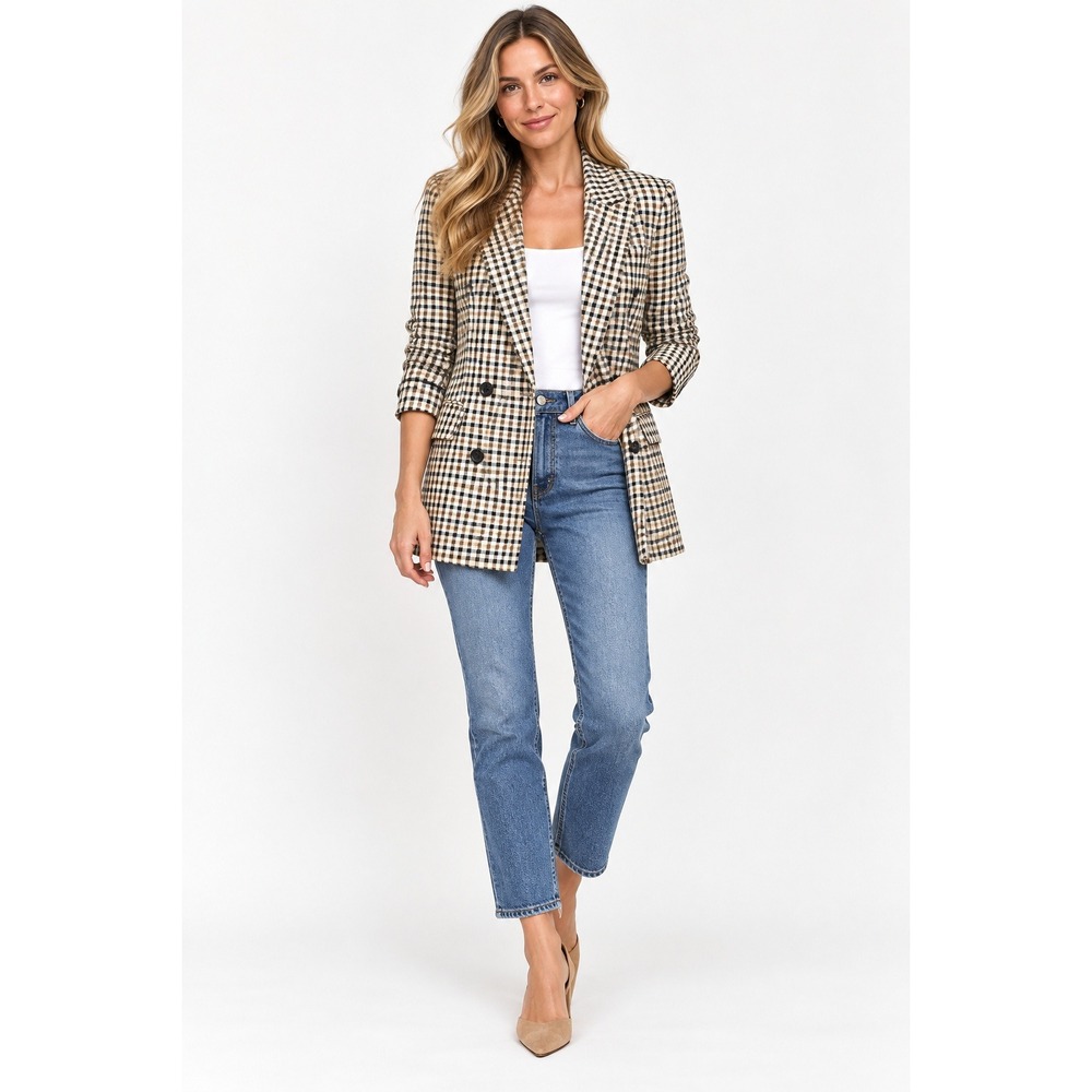 Rachel Zoe Womens Gingham Long Open Front Blazer Size Medium Black Tan Cream NWT